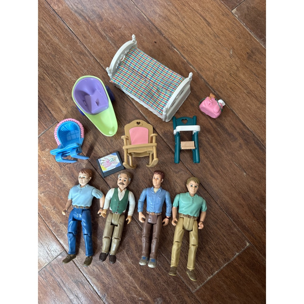 Vintage Fisher Price Loving Family Dollhouse Lot Figures Furniture Bed HighChair